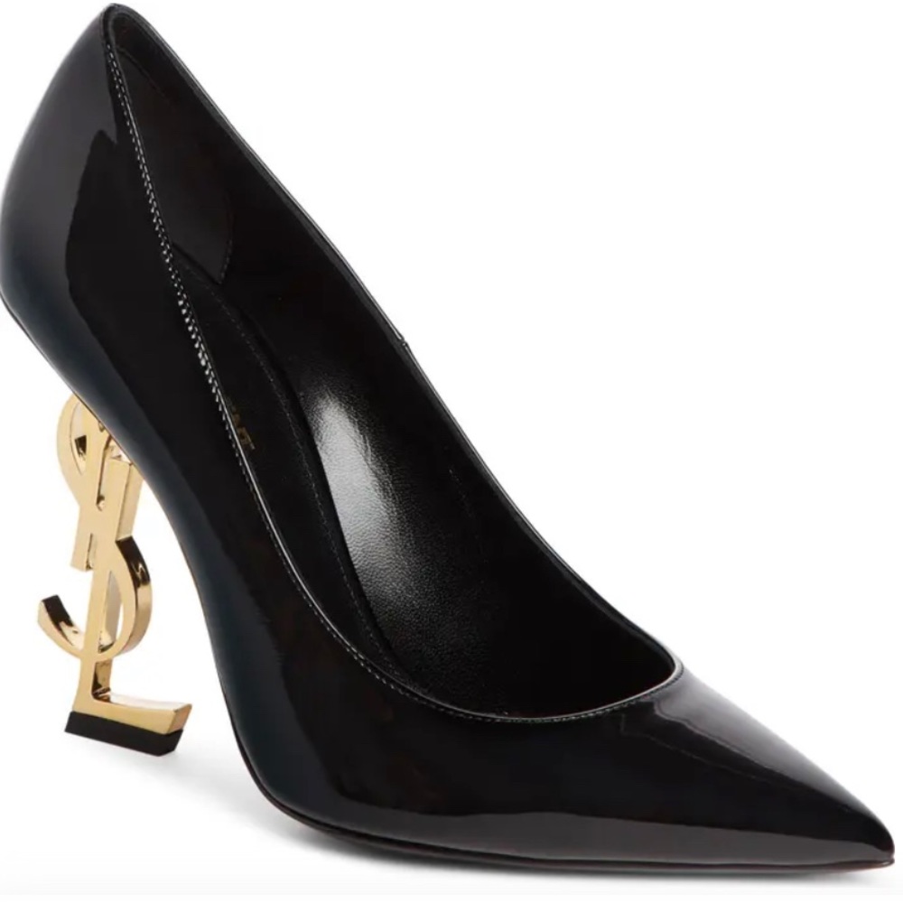 Yves Saint Laurent Glossy Black Heels with Gold Monogram